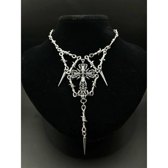 Gothic Goth Emo Punk Silver Barbed Wire Cross Choker Necklace Pendant - Picture 1 of 4